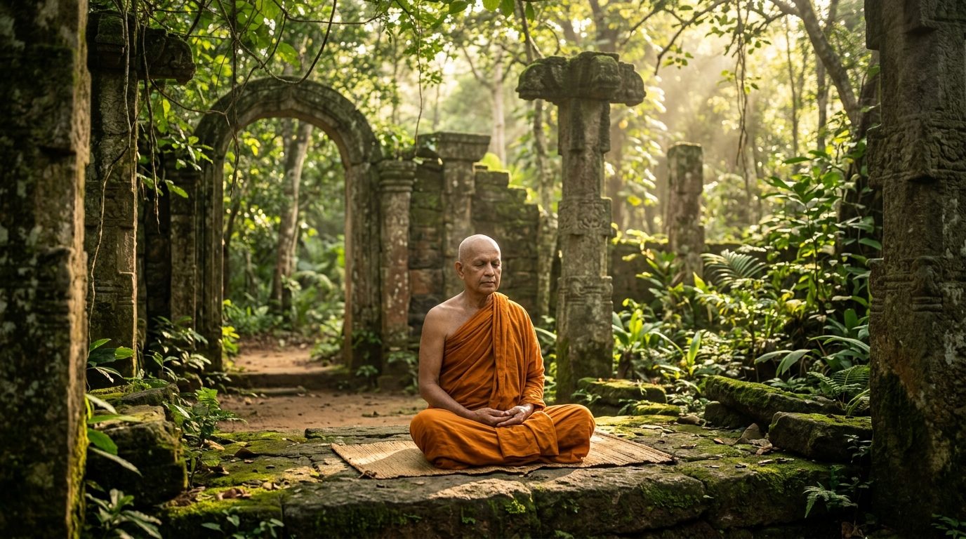 Theravada Buddhist Monk Meditating in Ancient Sri Lankan Forest Monastery